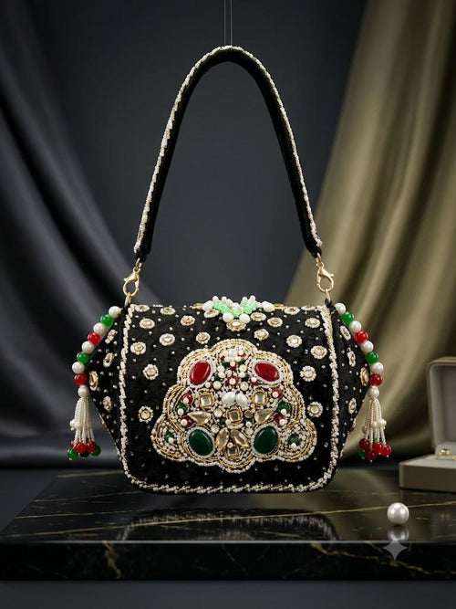 Luxury Black Velvet Handbag with Pearl & Gemstone Embroidery | Ethnic Party Shoulder Bag