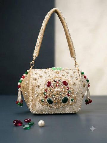 Luxury Ivory Velvet Embroidered Handbag with Pearl & Gemstone Embellishments