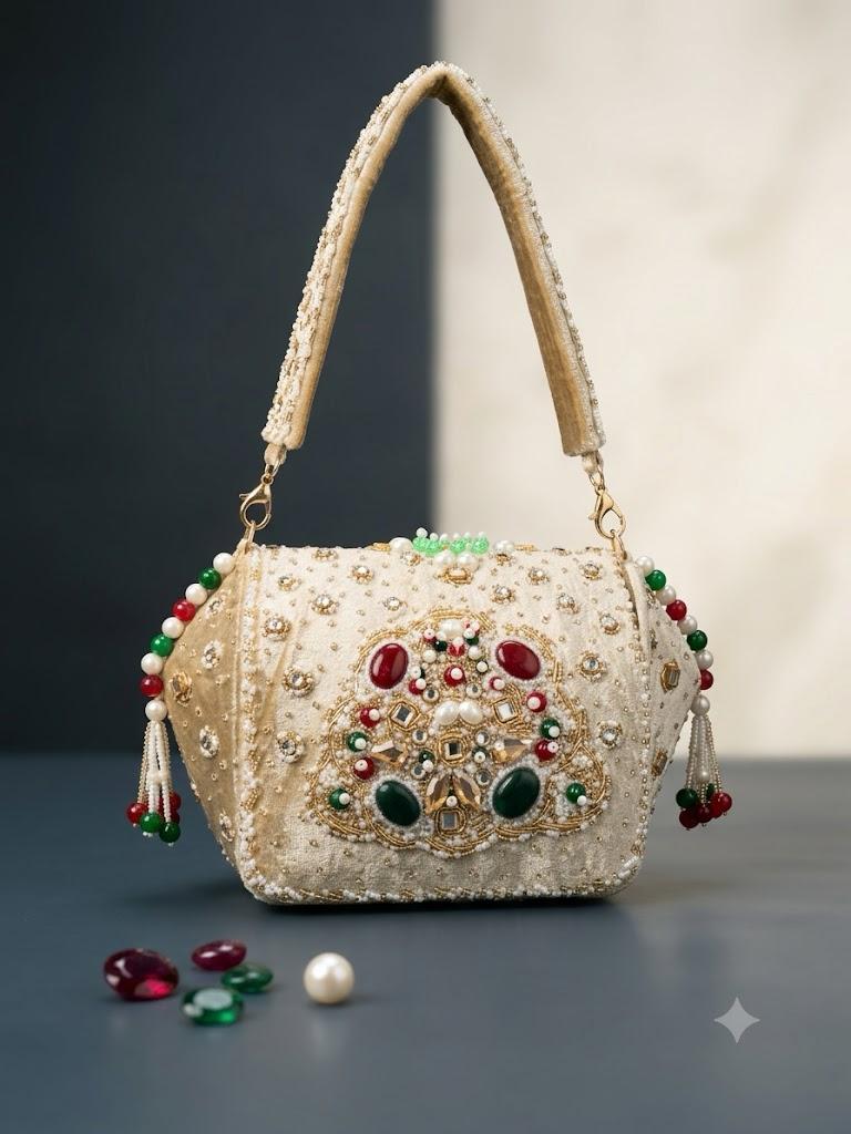 Luxury Ivory Velvet Embroidered Handbag with Pearl & Gemstone Embellishments