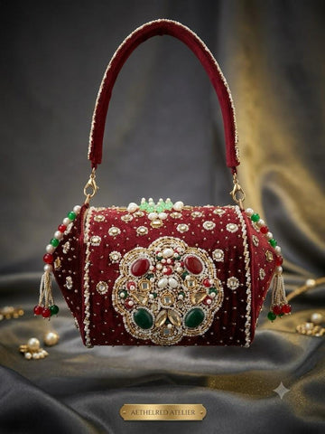 Luxury Maroon Velvet Embroidered Handbag with Pearl & Gemstone Embellishments