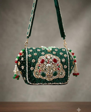 Luxury Emerald Green Velvet Embroidered Handbag with Pearl & Gemstone Embellishments