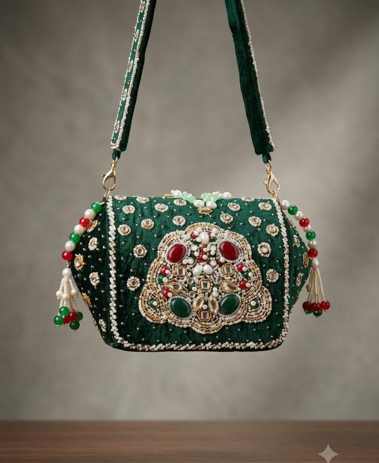 Luxury Emerald Green Velvet Embroidered Handbag with Pearl & Gemstone Embellishments