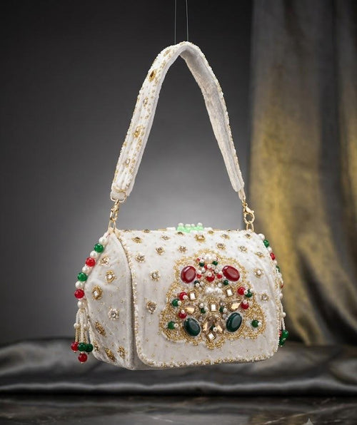 Elegant White Velvet Shoulder Bag for Women | Wedding & Festive Handbag