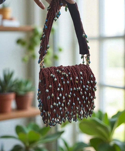 Boho Chic Hand-Beaded Fringe Purse with Crystal Accents