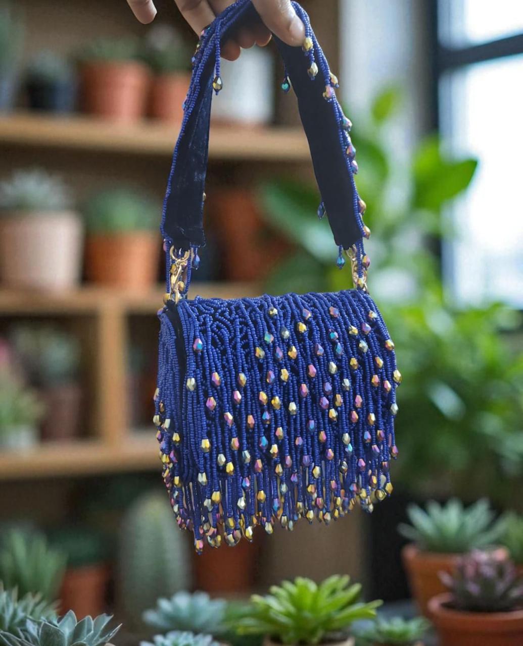 Luxury Royal Blue Beaded Fringe Handbag with Crystal Tassels