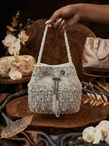 Premium Handmade White Beaded Evening Bag with Fringe Detailing