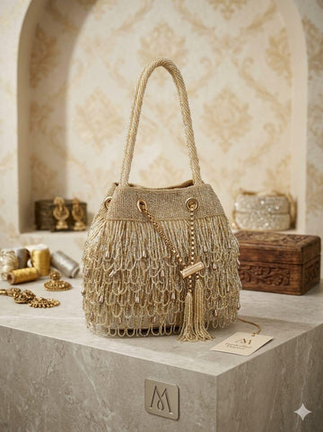 Premium Champagne Gold Seed Bead Bucket Bag for Weddings & Parties