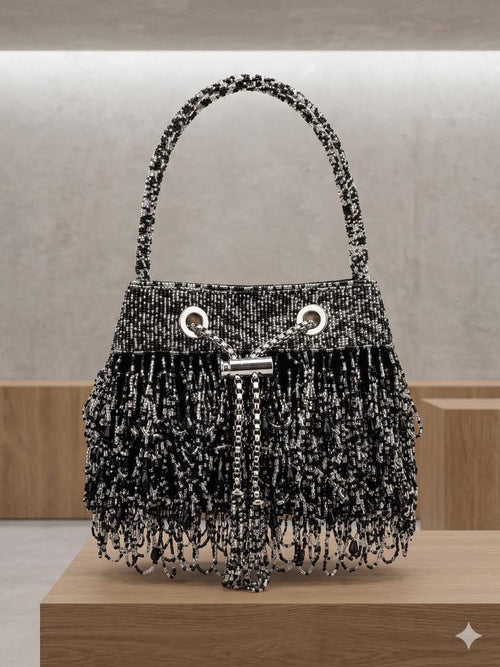 Designer Black Crystal Beaded Bucket Purse with Drawstring Closure