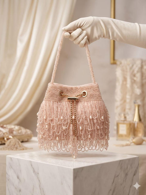 Designer Blush Pink Crystal & Pearl Beaded Bucket Purse with Drawstring Closure